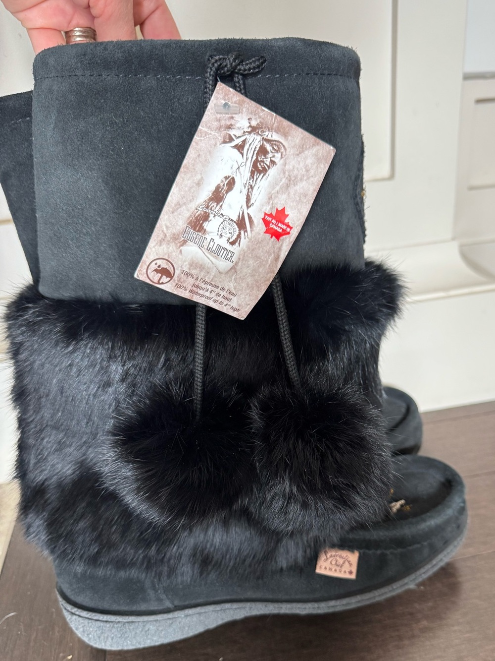 Black Faux Fur Pom Pom Moccasin Boots - Women